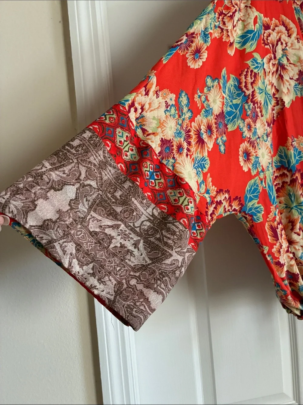 Free People Wildflower Zip Front Kimono Jacket Floral Boho Red Orange Festival
